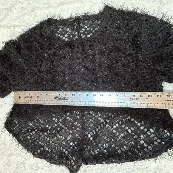Tara Vao Women's Fuzzy Sweater Medium Open Knit Sheer Faux Fur Black Cozy - Picture 6 of 8